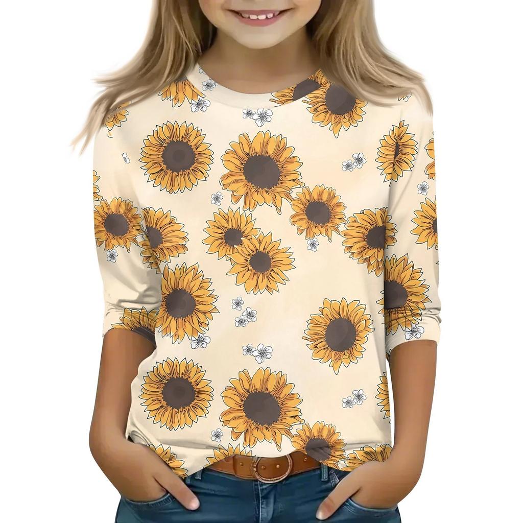 Детская футболка с рукавом 3/4, повседневная футболка с принтом, круглый вырез, блузка-пуловер