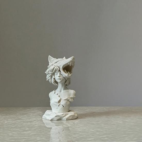 3D-печатная скульптура-бюст Темной Девушки-Волка, Компактное Настольное Украшение с Дизайном Головы Волка для Кабинета, Комнаты Киберспорта, Уникальный Подарок, Декор