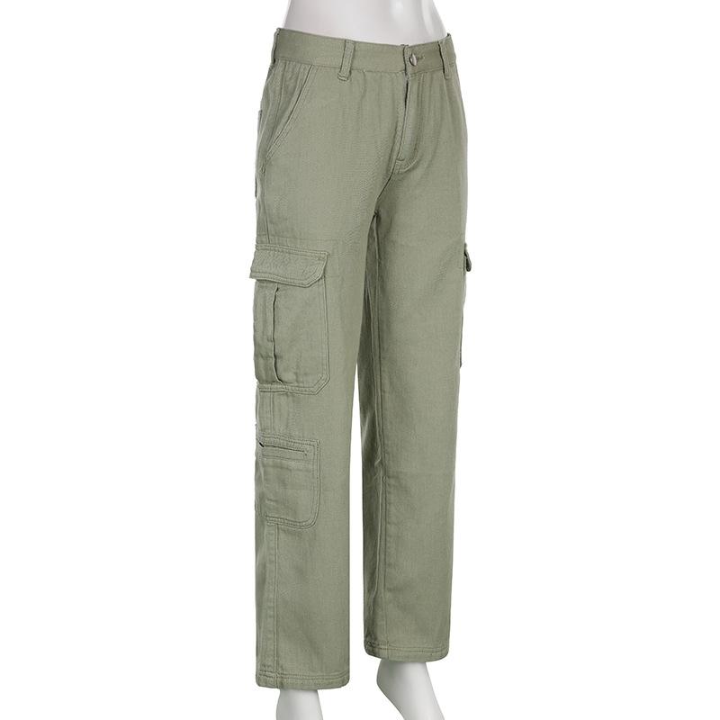 Винтажные брюки-карго с несколькими карманами, женские джинсы Y2K с низкой талией, широкие свободные штаны, повседневная уличная одежда, джинсовые брюки для бега, светло-зеленые