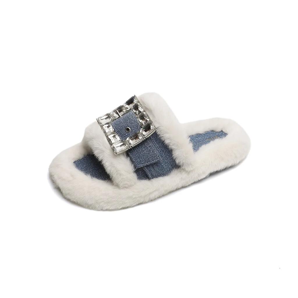 2024 Autumn Woman Faux Wool Insole Flat Slippers Brown Round Head Open Toe Slingback Slippers Female Casual Plush Fur Slippers