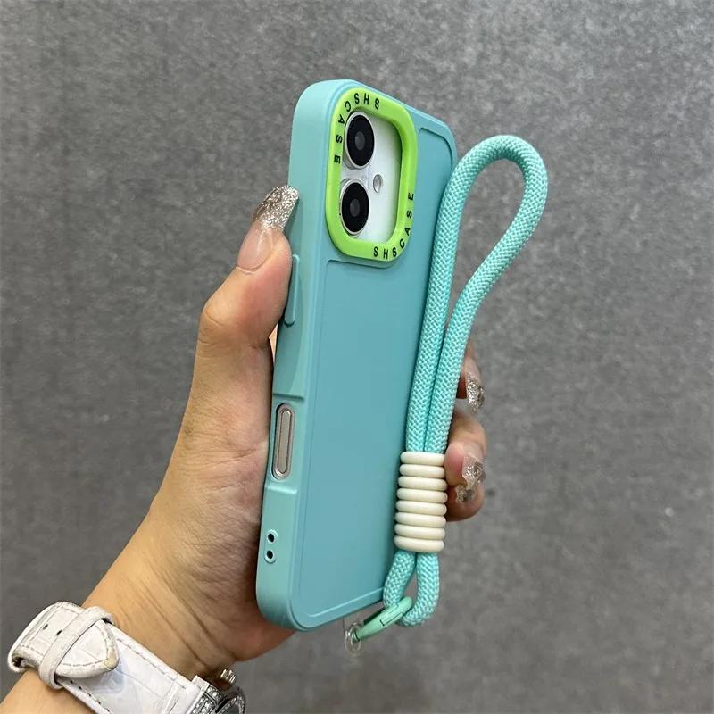 Силиконовый чехол для телефона с амортизацией для iPhone 11-17 Pro Max Plus с матовым покрытием и ремешком на запястье