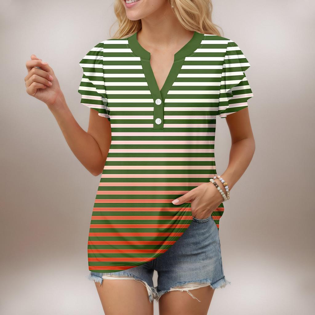 Женский повседневный топ с короткими рукавами, застегивающийся на пуговицы и V-образным вырезом, с градиентными оборками и принтами