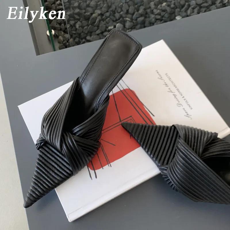 Модные Eilyken Новый Летний Дизайн Плиссированные Женские Шлепанцы Тонкий Низкий Каблук Остроносые Женские Сексуальные Вечерние Туфли-Лодочки Сандалии Обувь Zapatos De Mujer