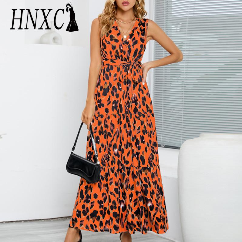 HNXC Женская мода лето весна леопардовый принт без рукавов V-образным вырезом с высокой талией повседневные платья