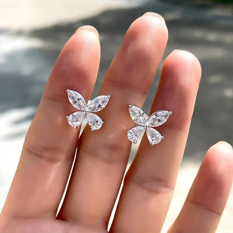 Huitan Crystal Butterfly Shaped Stud Earrings for Women Color Dainty Female Ear Accessories Party Wedding Bridal Jewelry