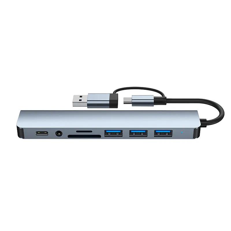 8 In 2 Type C Docking Station USB Splitter Adaptor USB C Hub 5Gbps High Speed Transmission USB 3.0 2.0 3.5 Audio Jack SD/TF Card Reader OTG Adapter