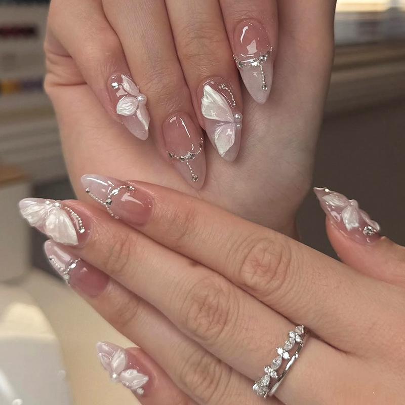 24 шт. Аврора Пурпурно-зеленый Градиент Французские Накладные Ногти Металлический Серебряный Бабочка Звезда Сладкие Крутые Накладные Ногти Высококачественные Носимые