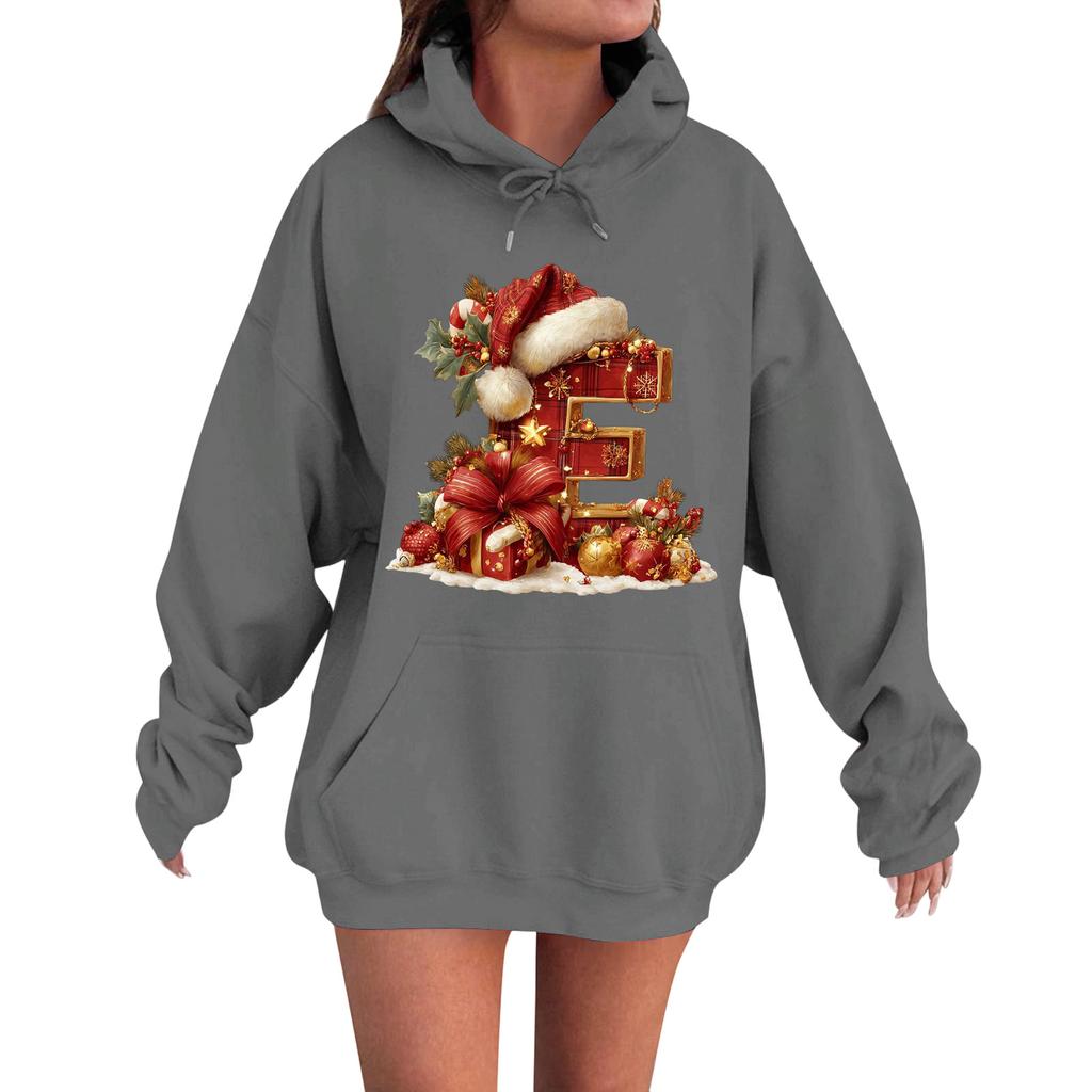 Women's Casual Comfortable Long-Sleeved Christmas Letter-Printed Warm Hooded Crew-Neck Sweatshirt