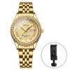 Stylish Women's Stainless Steel Gold Watch: Luminous Analog Display, Calendar, Day Display, 3ATM Water Resistance, Quartz Movement, Couple's Watch,