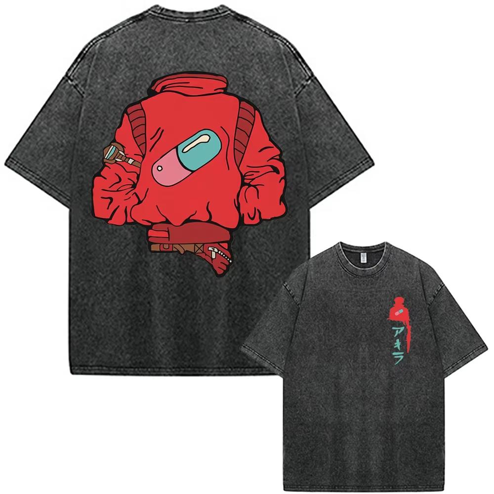 Akira Print Washed T-shirt Oversized Unisex Men Women Fashion Harajuku Casual Cotton Vintage Loose Streetwear Trendy Comfortable