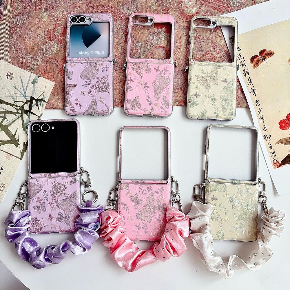 Embroidered Butterfly Phone Case for Samsung Z Flip 8 flip7 fe Galaxy Z Flip 7 6 5 Silver-edged Side Buckle Protective Cover