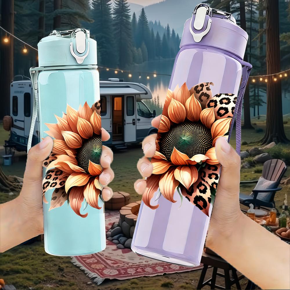 1PC Leopard Sunflower Bloom Graphic,750ml Color Plastic Sports Water Bottle,Leakproof Flip Straw Lid,Suitable for Sports Office Home Use