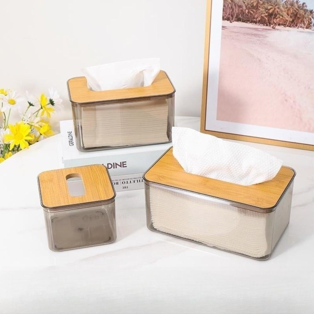 New Plastic Clear Tissue Box Wooden Cover Transparent Paper Towel Box Multifunctional Durable Napkin Holder Household Use