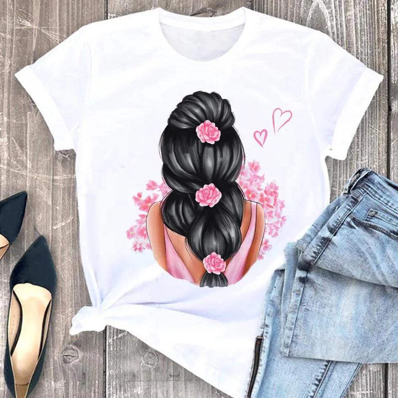 Fun Girl Printed Pattern Round Neck Short Sleeve Tshirt Women on Round Neck European American Tops Tees