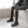 Fashion Long Boots for Women Leather Middle Heel Black Knee High Shaft Shoes Woman Round Toe On Promotion Demi-season Designer Luxury Pu
