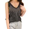 Women Vest V-Neck Sleeveless Shiny Hot Drill Decor Tank Tops Solid Color Knitting Camisole Parties Daily Wear