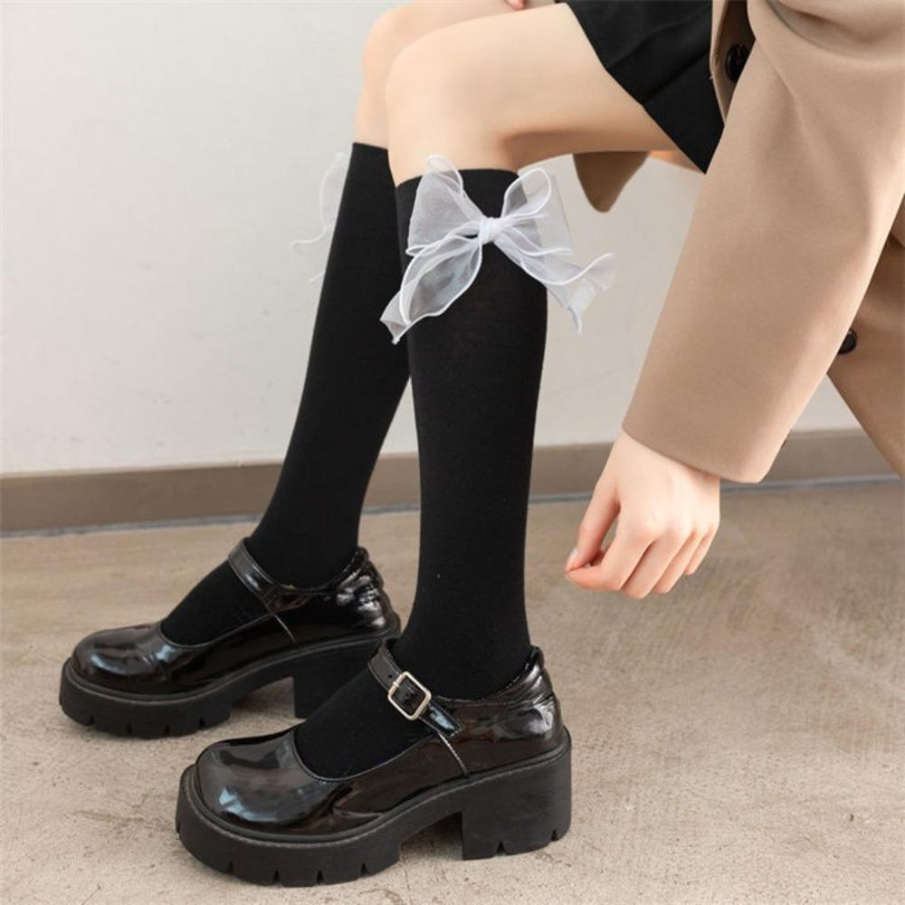 Bow Tube Socks Women's Spring and Autumn Black and White JK Lolita Calf Socks Japanese Girls College Style Knee Socks