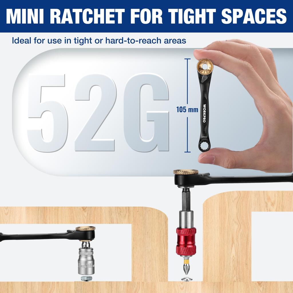 WORKPRO Трещоточный гаечный ключ Набор бит-отверток Мини-трещотка Трещотка Удлинитель Трещоточный Хранение бит и Пряжка-табурет для и Автомобильный Набор из 34 предметов, Набор, Набор, 6,35 мм