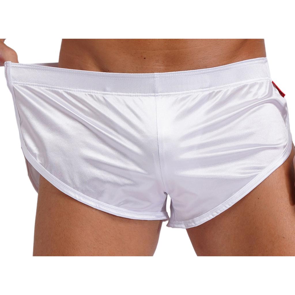 Мужские атласные боксеры-брифы с разрезом по бокам, со встроенным гульфиком, эластичным поясом, домашняя одежда, пижамные шорты