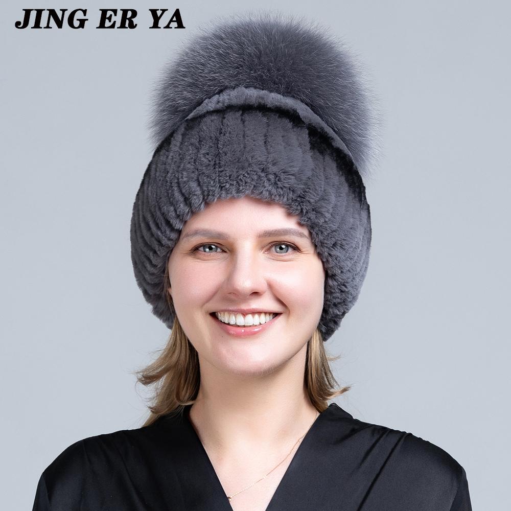 JINGERYA женская шапка из натурального меха, женская шапка, хорошая эластичная натуральная пушистая шапка из натурального лисьего меха, новая зимняя женская вязаная шапка из натурального меха кролика рекс