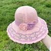 (One Size, Pink) Women Summer Knit Sun Hat Breathable Crochet Flower Wide Brim Sun Protection Fisherman Cap