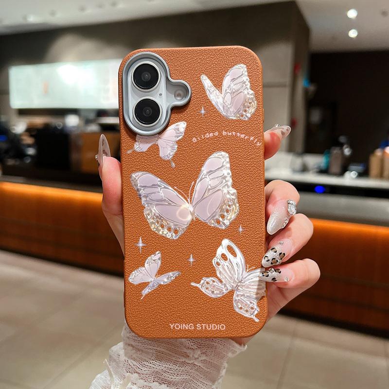 Тонкий мягкий чехол с рисунком бабочки и текстурой кожи для iPhone 16 Pro Max 15 14 Pro 13 12 11, матовая защита линз, противоударный чехол для телефона из ТПУ