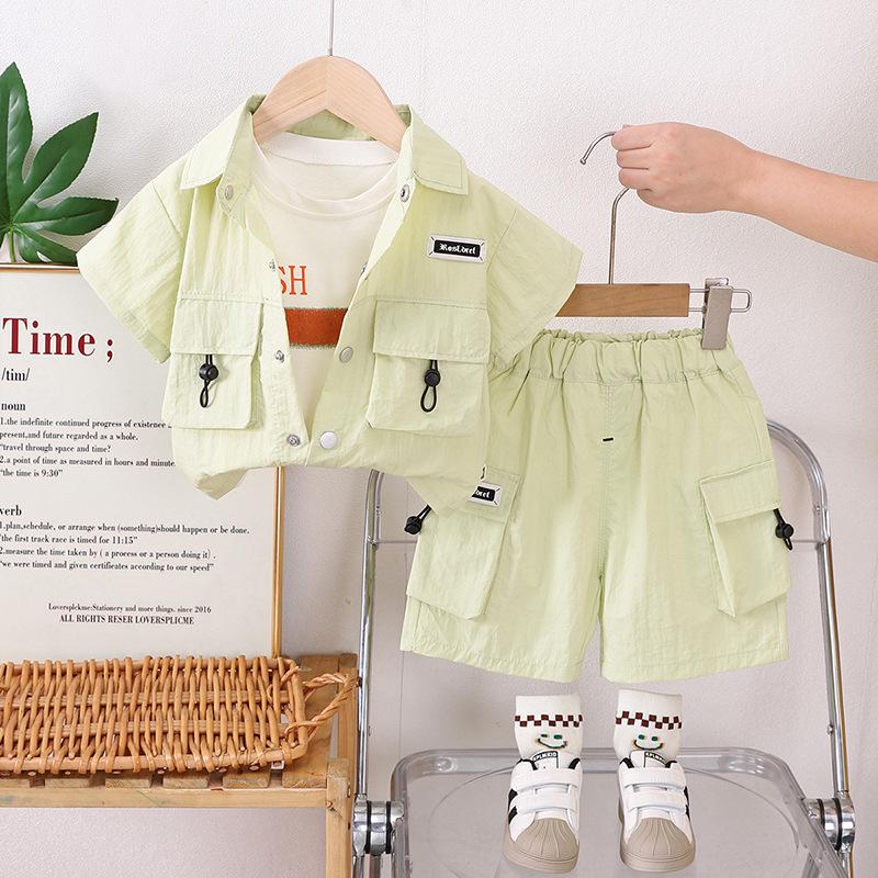 Летний костюм-тройка для мальчиков 2025 г.: Красивая рубашка с короткими рукавами и детская рабочая одежда