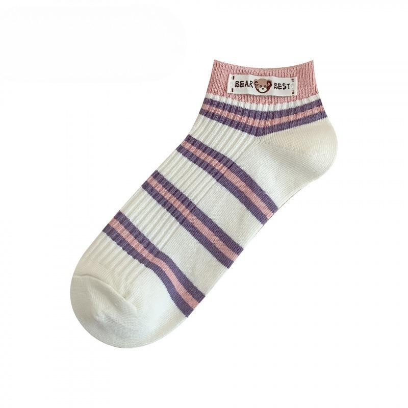 Женские весенне-летние новые милые полосатые тканевые носки с логотипом медведя в студенческом стиле, дышащие, без косточек