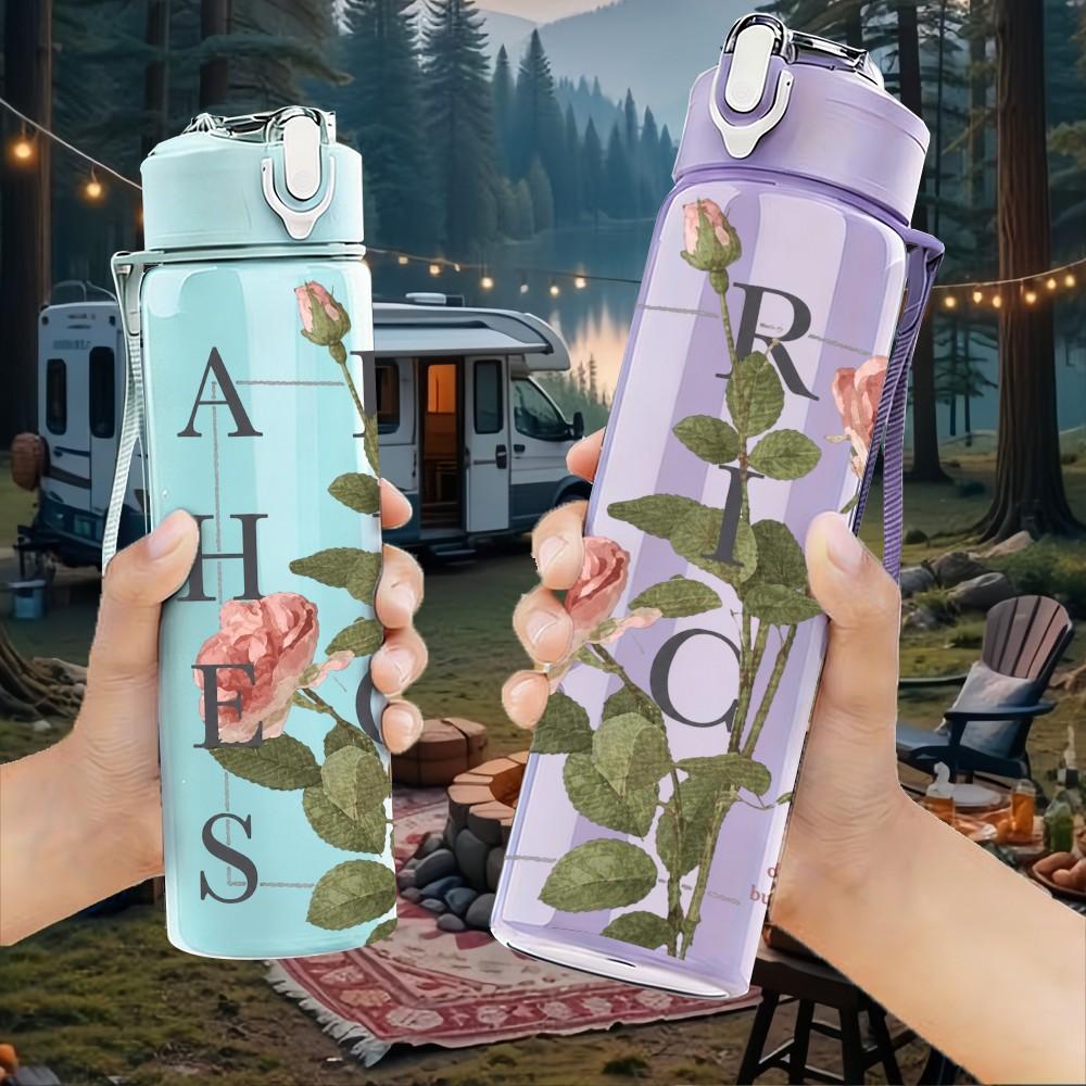 1PC Rose Flower Sketch Art 750ml sports water bottle leakproof straw lid outdoor office home