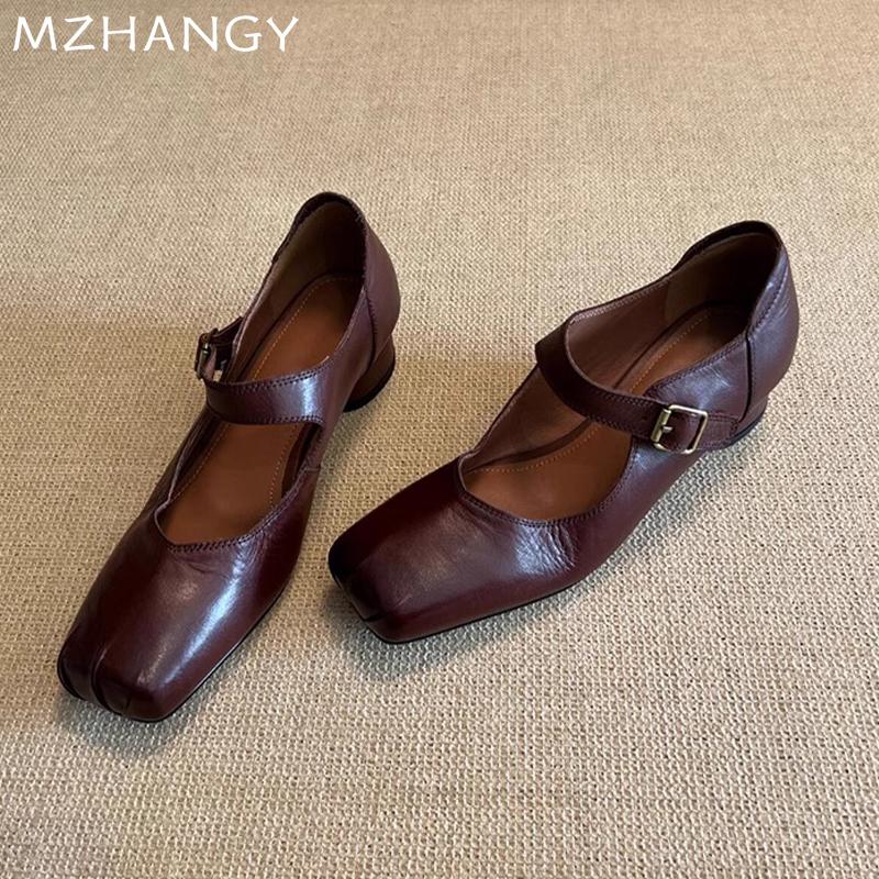 Модная женская обувь Мэри Джейн из кожи, на массивном каблуке средней высоты, с квадратным носком, сандалии, женский тренд 2024, осенние, в стиле ретро, новые туфли-лодочки, Mujer Zapatos