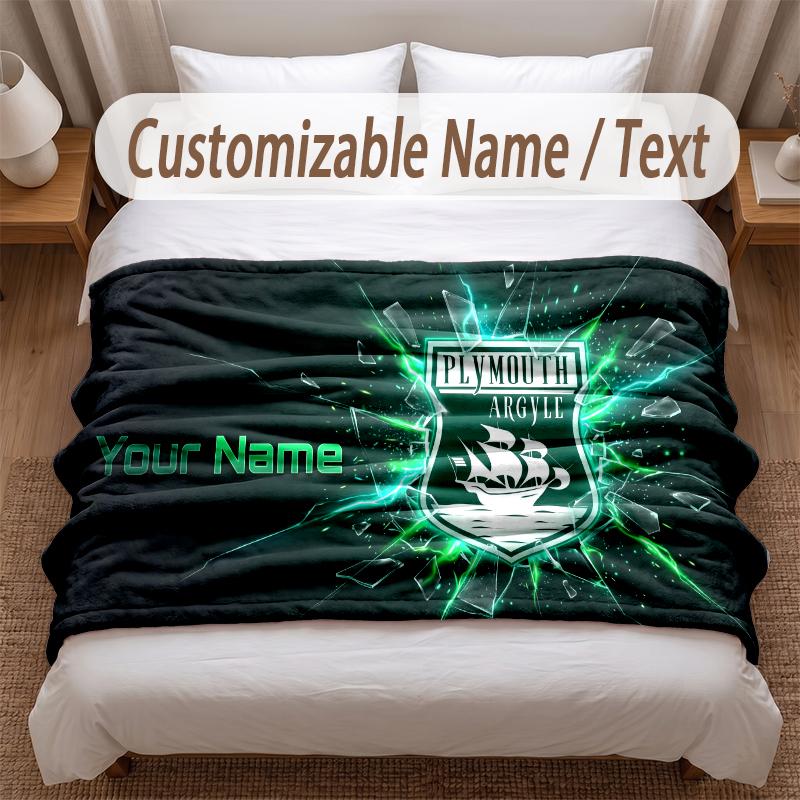 Plymouth Argyle FC Printed Flannel Blanket Custom Name Text Soft Warm Throw For Bedroom Holiday Gift