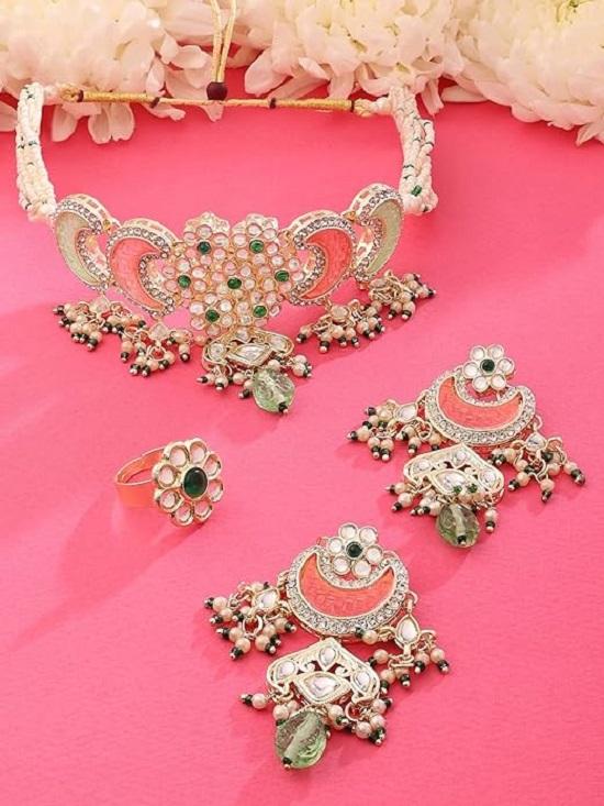 Розово-зеленые бусины с камнями, многорядное колье-колье Kundan, ожерелье, серьги и кольца, набор для женщин
