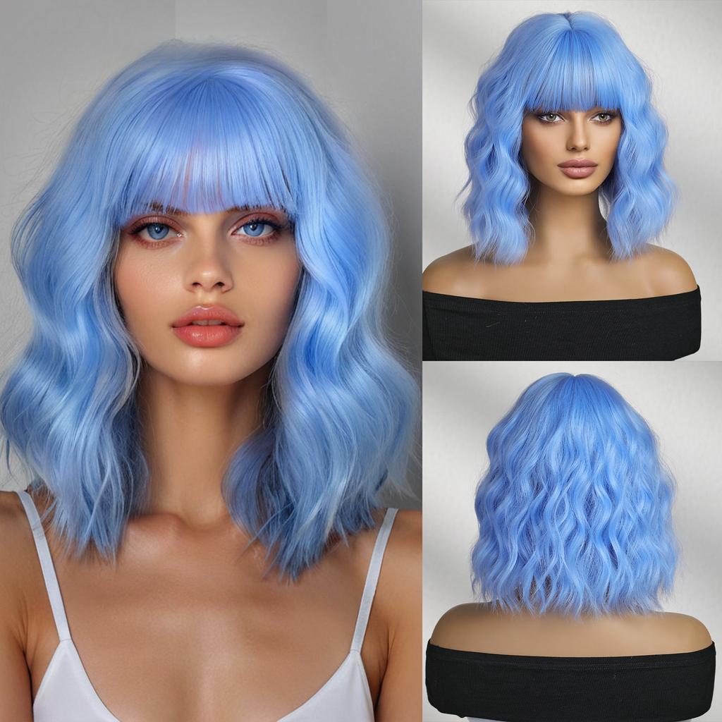 Women's Front Lace Heat Resistant Short Curly Wig with Blunt Bangs Ladies Fashion Natural Looking Golden Bobo Wig