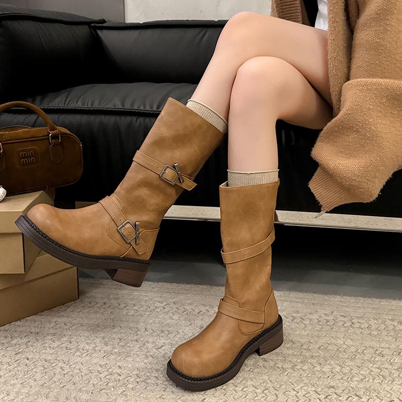 Autumn New Mid-Tube Boots Fashion Round Toe Sleeve Metal Buckle Platform Non-Slip Block Heel Single Shoes
