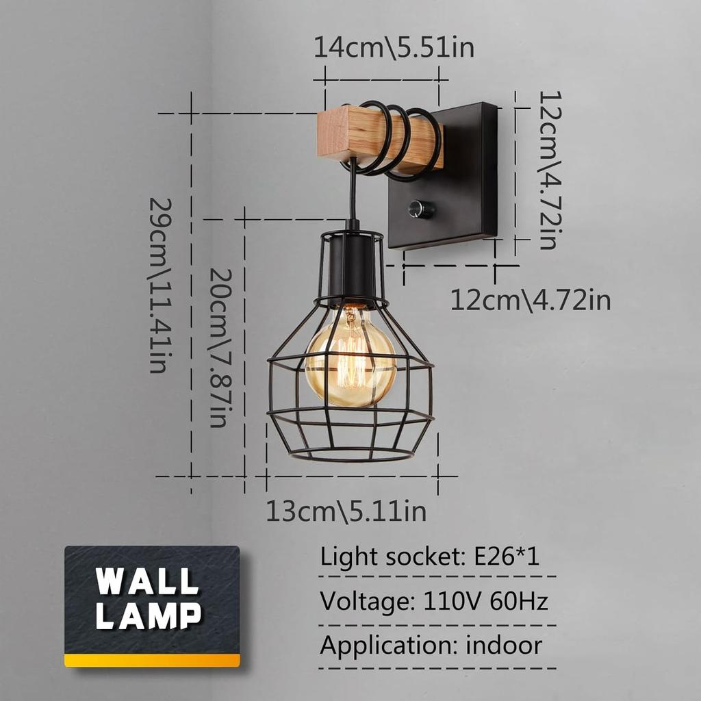 Set of 2 Industrial Wall Sconces with Dimmer ON/Off Switch,Farmhouse Wall Mount Light with Metal Cage Shade,Black Wall Lights Indoor for Kitchen