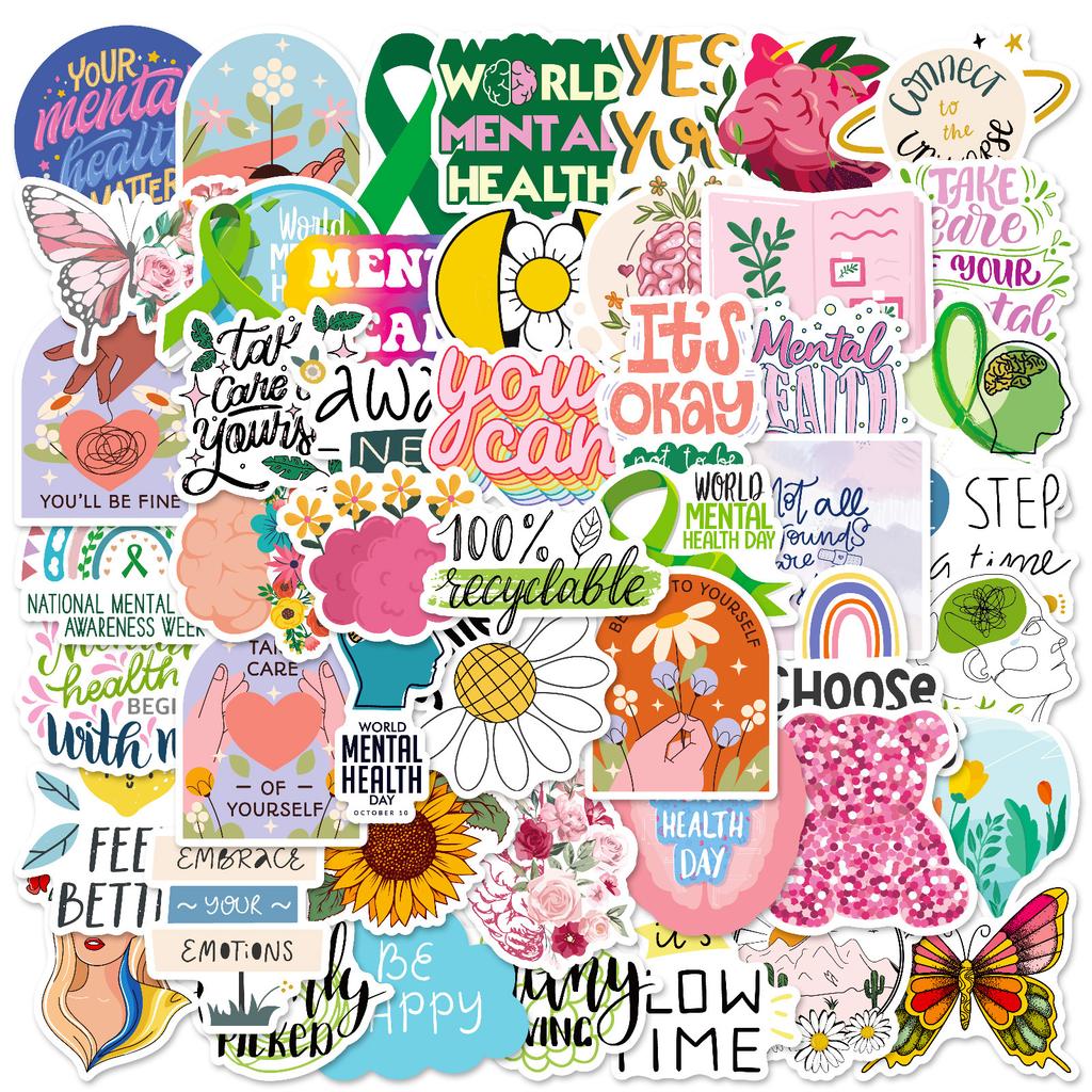 50 Наклеек о ментальном здоровье Мультяшный Сяоцин Английские короткие предложения Скейтборд Водный стакан Водонепроницаемая декоративная наклейка