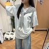 Sweet and cute kitty cat shawl striped short-sleeved t-shirt women's summer new hot girl design sense slim top trendy