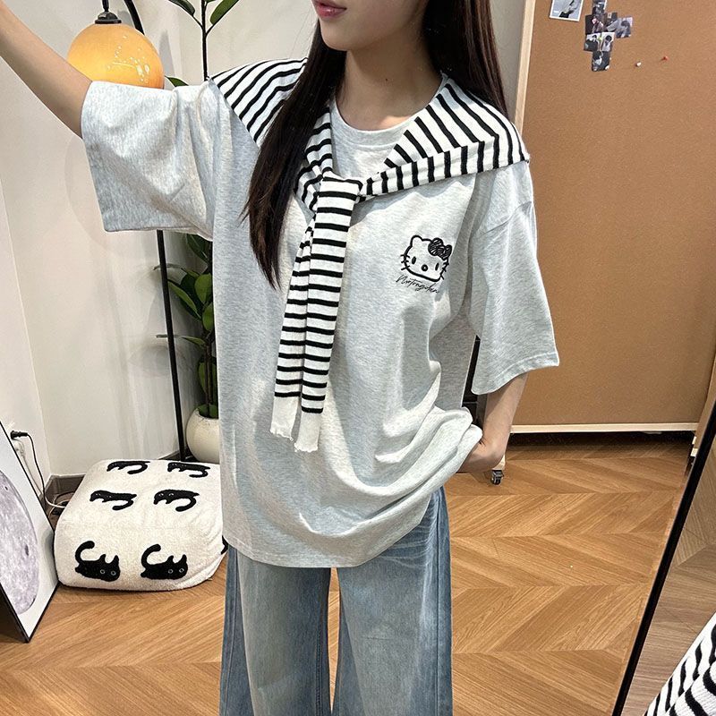 Sweet and cute kitty cat shawl striped short-sleeved t-shirt women's summer new hot girl design sense slim top trendy