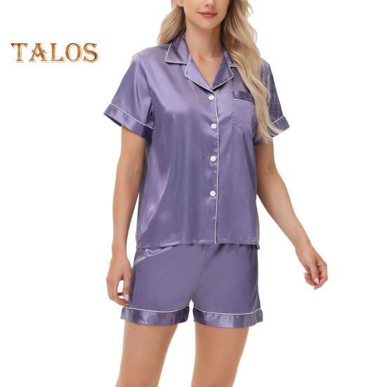 Пижамный костюм из 2 предметов, атласный однобортный кардиган, рубашка с V-образным вырезом, воротником-стойкой, однотонная рубашка с нагрудным карманом, свободные шорты, ночная рубашка, одежда для сна