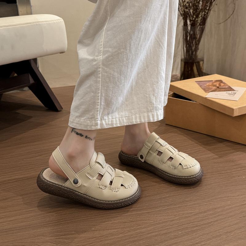 Two Wearing Hollowed-out Bag Head Sandals for Women In 2025 New Literary Hole Thick-soled Mori Roman Half Slippers for Summer Wear