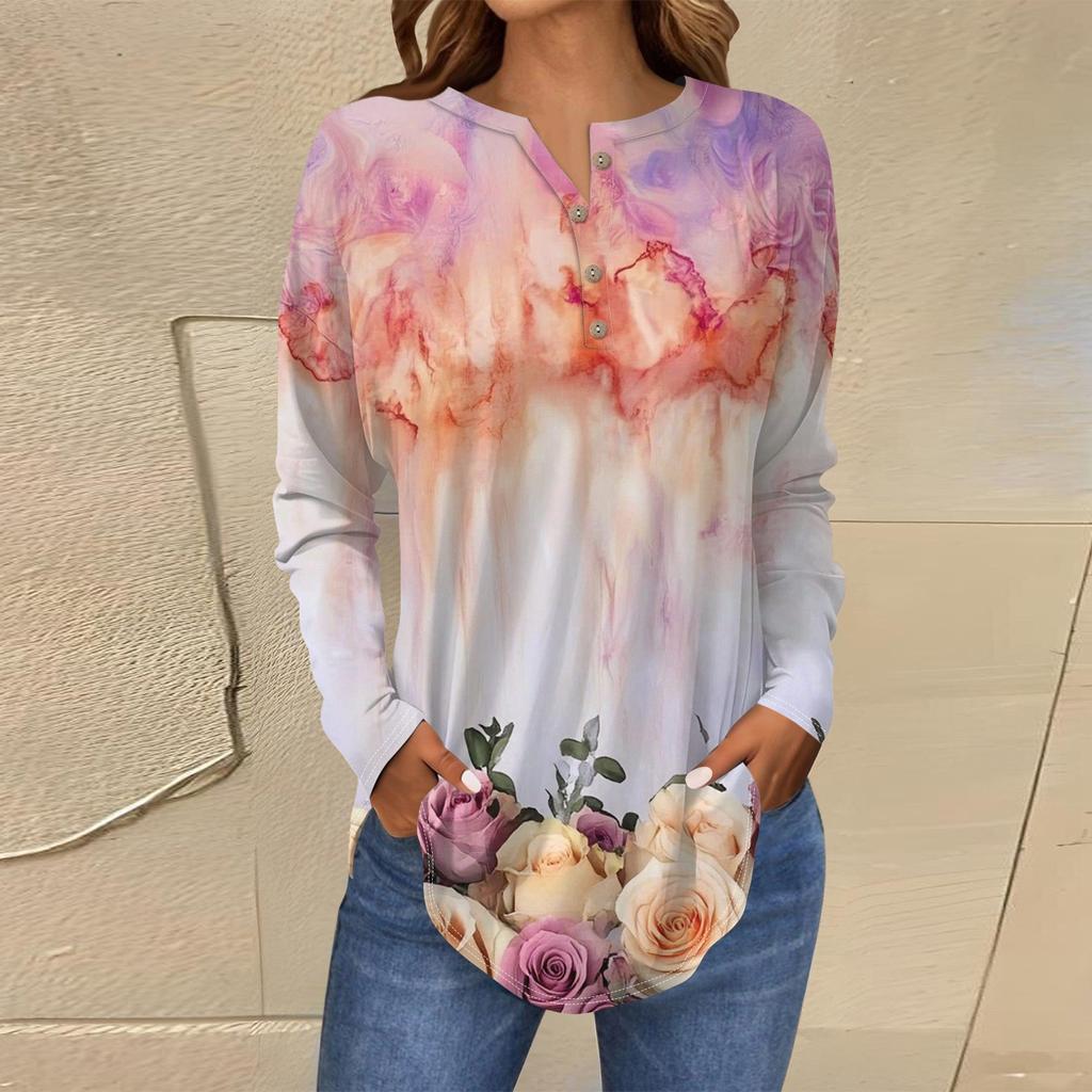 Футболки для женщин, осенние повседневные рубашки с длинным рукавом на пуговицах, толстовка с винтажным принтом, топ, пуловер