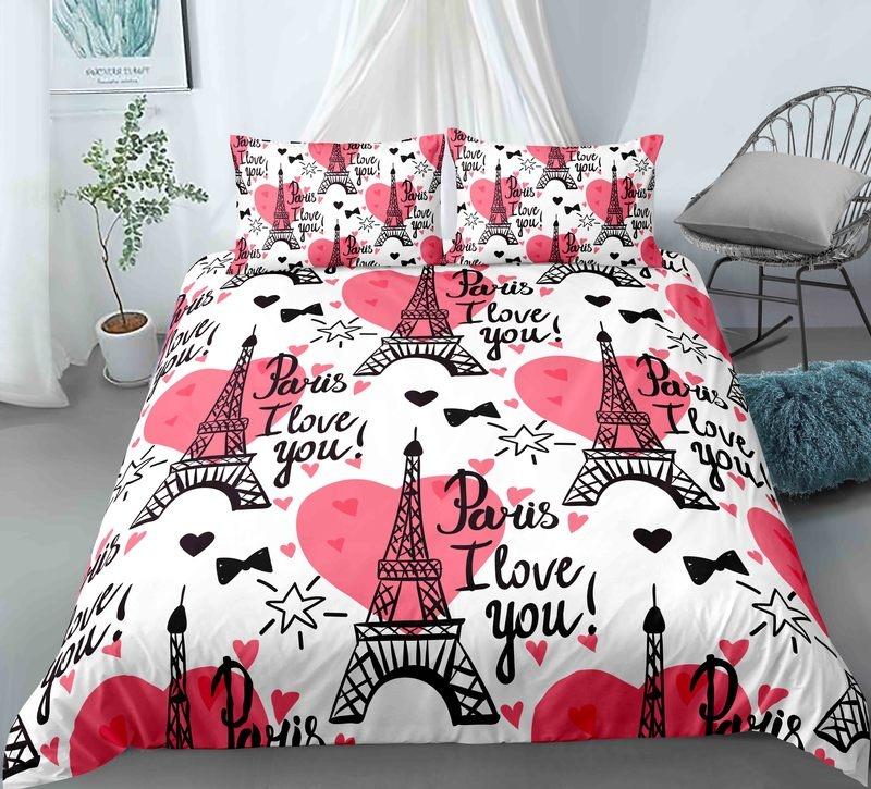 Paris Tower King Queen Duvet Cover Famous Buildings In France Bedding Set For Adults Pink Romantic 2/3pcs Polyester Quilt Cover