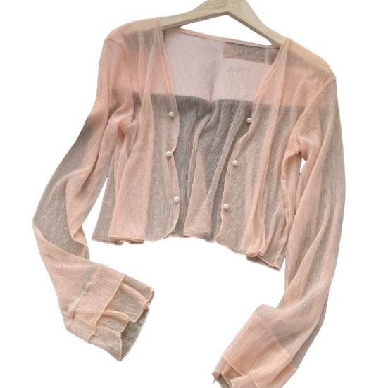 Женская сетчатая прозрачная куртка от солнца с длинным рукавом и застежкой на пуговицы, солнцезащитные рубашки с защитой от ультрафиолета, короткий топ-шаль, летняя пляжная накидка