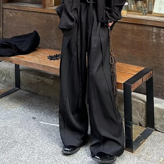 Мужские брюки широкие штанины до пола однотонные с глубоким шаговым швом свободные ретро