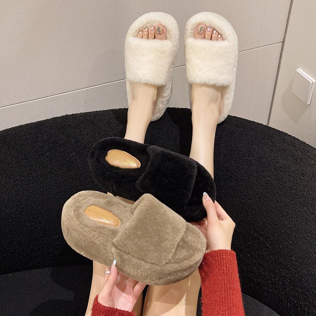 Fairy Wind Fluffy Slippers Female 2024 Autumn and Winter New Fluffy Home Flat Bottom Outer Wear Plush Drag