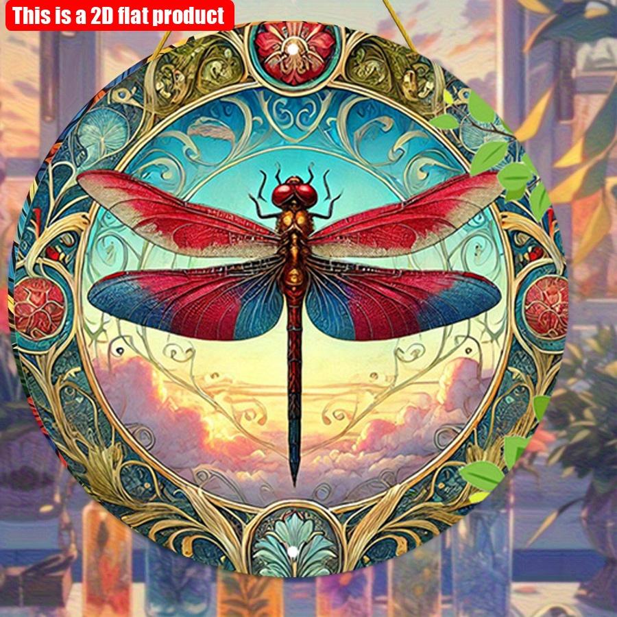 2D Flat 20*20cm 1pc Vintage Bright-coloured Dragonfly Sign Round Wall Deco, Dragonfly Theme Wooden Gift For Women, Room Decor Aesthetic Entrance Decor