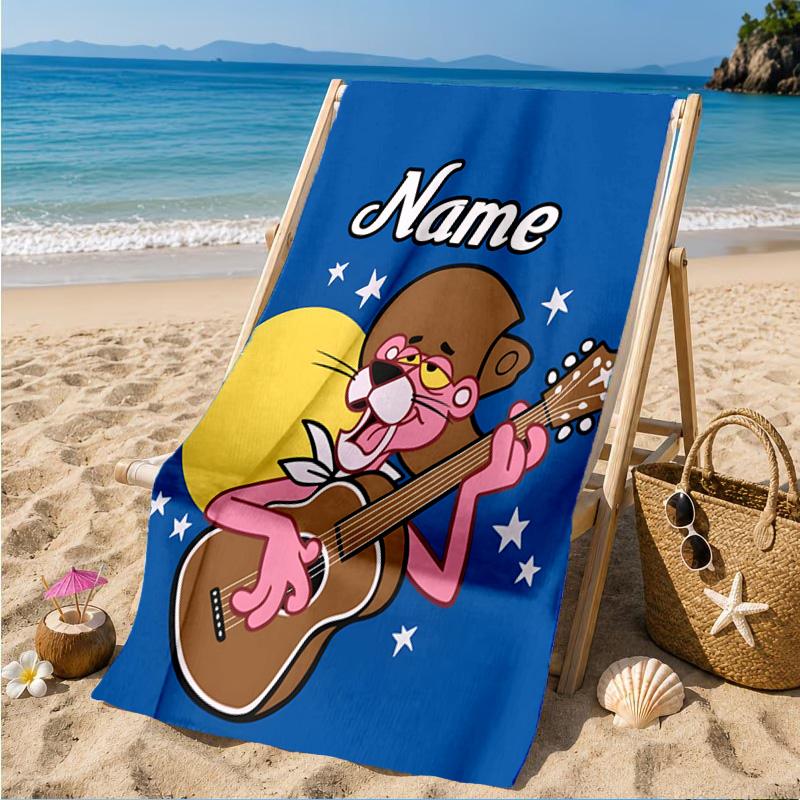Custom Name Panther Heart In Space Adventure Microfiber Beach Towel, Lightweight for Summer Travel, Swimming Pool Fan Gift