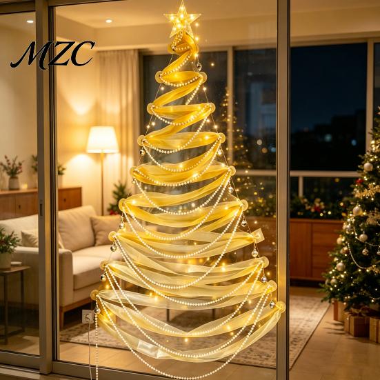 DIY Christmas Tree with Lights Lighted Decor Kit, Hanging Fabric Ornament Set Modern Party Supplies for Window Wall, Handmade Holiday Craft