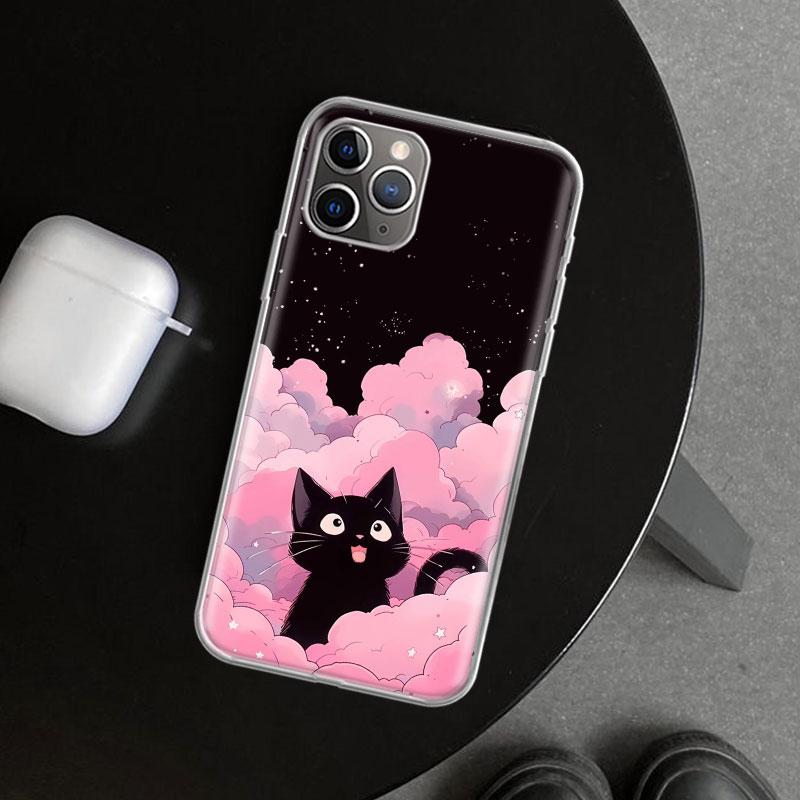Аниме Милый Черный Кот Мяу Чехол для Телефона для iPhone 11 12 13 Mini 14 15 Plus 16 Pro Max 17 Air 7 8 + SE Арт Индивидуальный Fundas