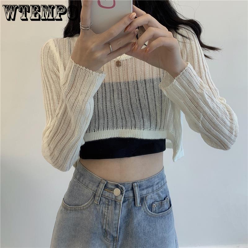 Women Breathable O-neck Hollow Out Sun Shading Summer Crop Tops Girl Elegant Loose Korean Style Trendy Solid Shawls